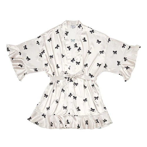 Ruffled Satin Robe - Ivory + Black Bows