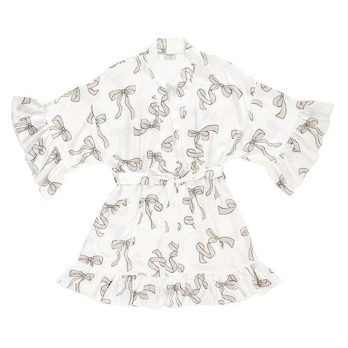 Ruffled Satin Robe - White + Flax Bows